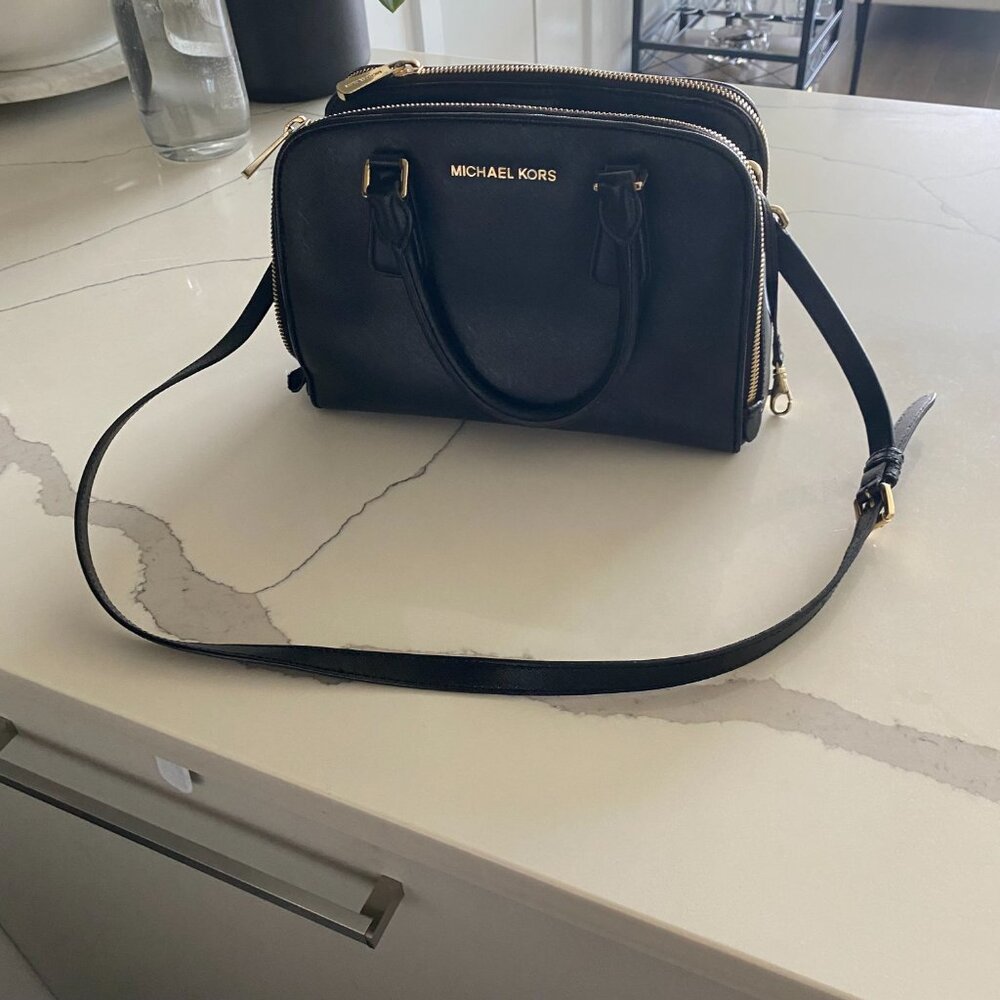 MICHAEL Michael Kors Black Structured Satchel with Gold Hardware